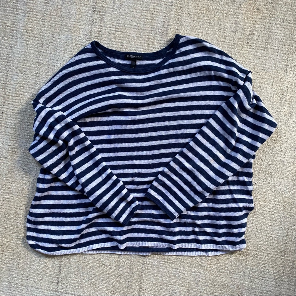 Eileen Fisher Stripped Navy/White Linen Sweater